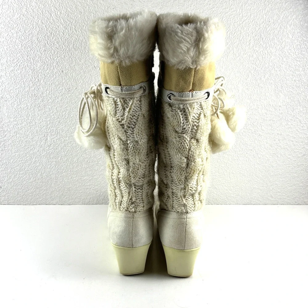 Vtg Rocawear Nadina Wedge Winter Boots Womens 7 Cream Cable Knit Faux Fur Y2K